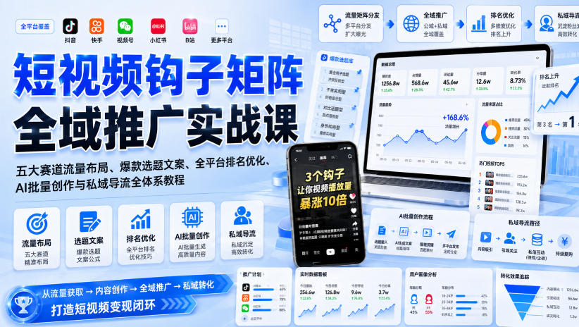 短视频钩子矩阵全域推广实战课｜五大赛道流量布局、爆款选题文案、全平台排名优化、AI批量创作与私域导流全体系教程-桀创项目掘金社