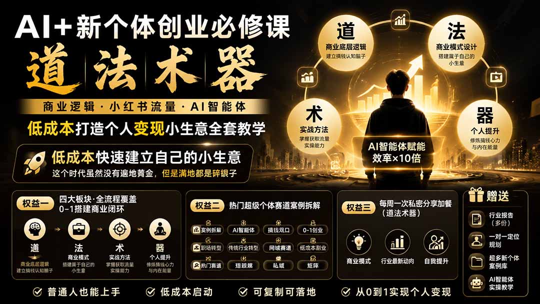 AI+新个体创业必修课｜道法术器｜商业逻辑·小红书流量·AI智能体｜低成本打造个人变现小生意全套教学-桀创项目掘金社