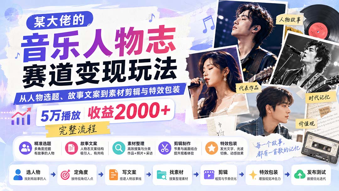 某大佬的音乐人物志赛道变现玩法：从人物选题、故事文案到素材剪辑与特效包装，5万播放收益2000+完整流程-桀创项目掘金社