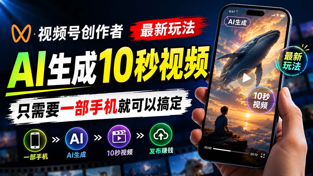视频号创作者最新玩法，AI生成10秒视频，只需要一部手机就可以搞定-桀创项目掘金社