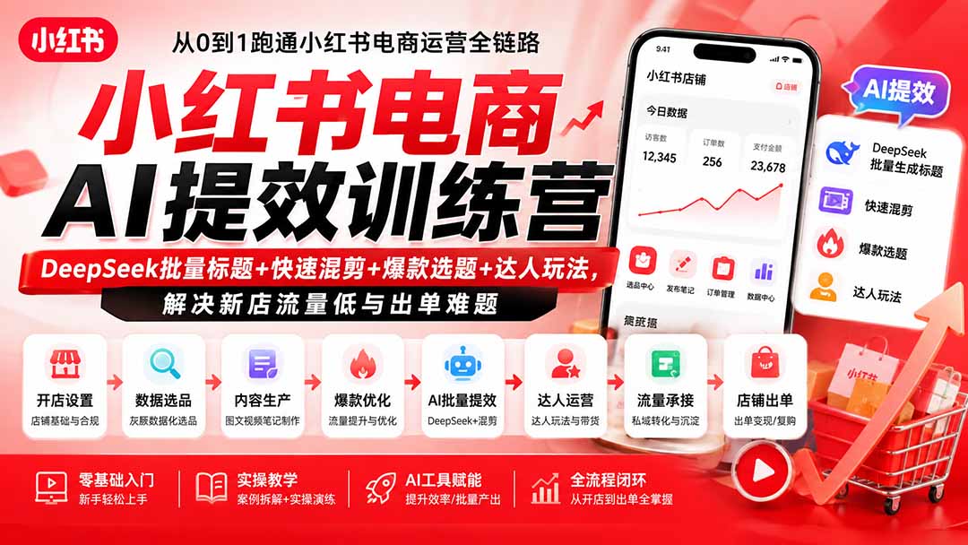 小红书电商AI提效训练营—DeepSeek批量标题+快速混剪+爆款选题+达人玩法，解决新店流量低与出单难题-桀创项目掘金社
