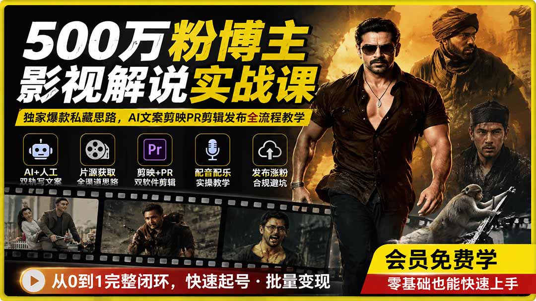 500万粉博主影视解说实战课｜独家爆款私藏思路，AI文案剪映PR剪辑发布全流程教学-桀创项目掘金社