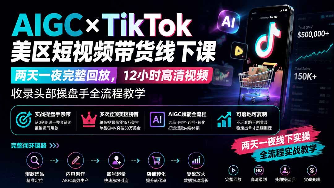 AIGC×TikTok美区短视频带货线下课；两天一夜完整回放，12小时高清视频收录头部操盘手全流程教学-桀创项目掘金社