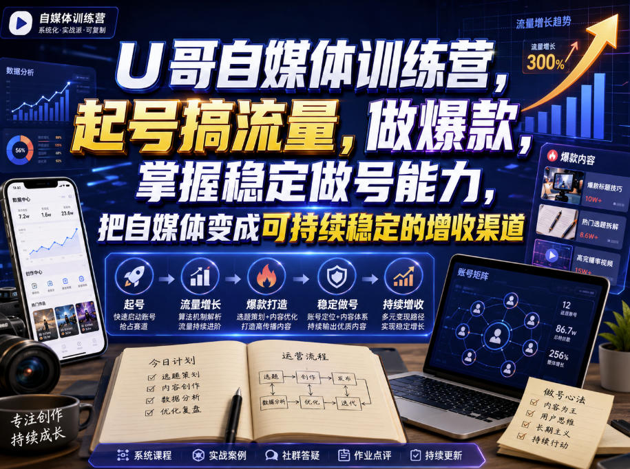 U哥自媒体训练营，起号搞流量，做爆款，掌握稳定做号能力，把自媒体变成可持续稳定的增收渠道-桀创项目掘金社