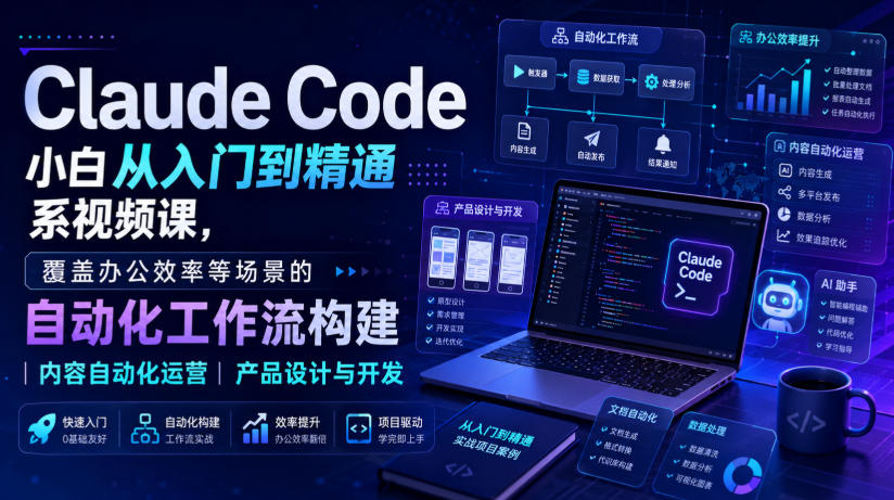 Claude Code小白从入门到精通系视频课，覆盖办公效率等场景的自动化工作流构建|内容自动化运营|产品设计与开发-桀创项目掘金社