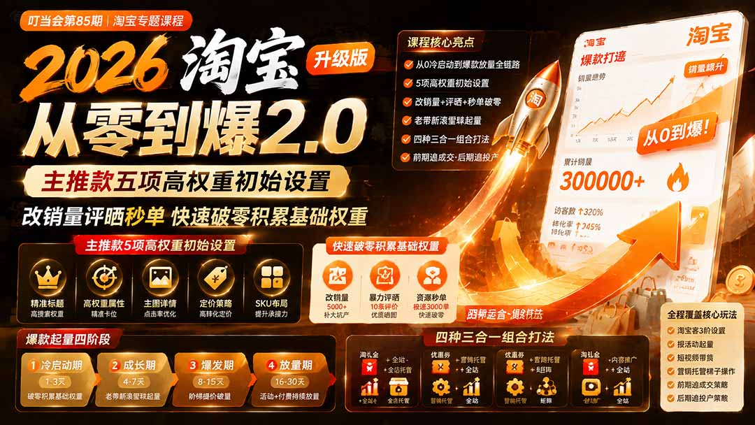 2026淘宝从零到爆2.0第85期；主推款五项高权重初始设置，改销量评晒秒单快速破零积累基础权重-桀创项目掘金社