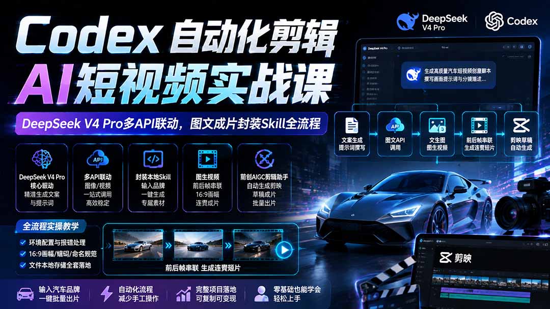 Codex自动化剪辑AI短视频实战课｜DeepSeek V4 Pro多API联动，图文成片封装Skill全流程-桀创项目掘金社