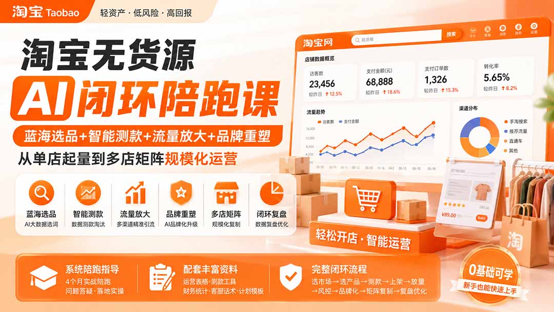 淘宝无货源AI闭环陪跑课：蓝海选品+智能测款+流量放大+品牌重塑，从单店起量到多店矩阵规模化运营-桀创项目掘金社