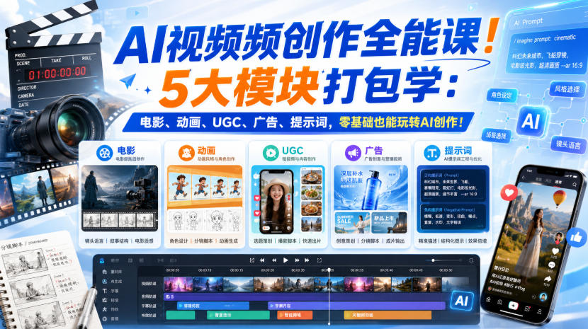 AI视频频创作全能课！5大模块打包学：电影、动画、UGC、广告、提示词，零基础也能玩转AI创作！【原创双语字幕】-桀创项目掘金社