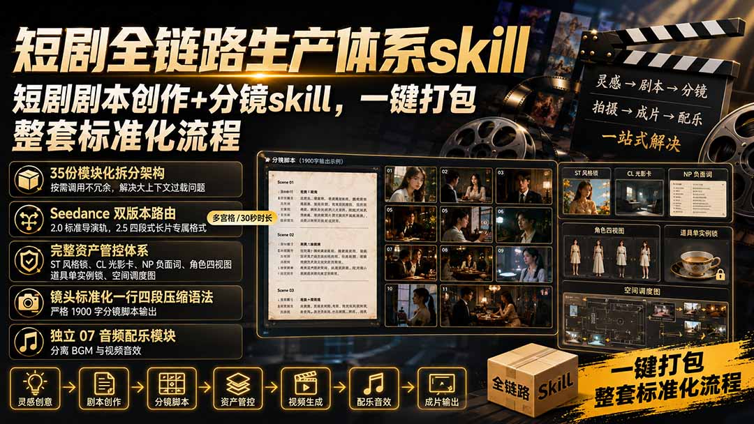 短剧全链路生产体系skill，短剧剧本创作+分镜skill，一键打包，整套标准化流程-桀创项目掘金社