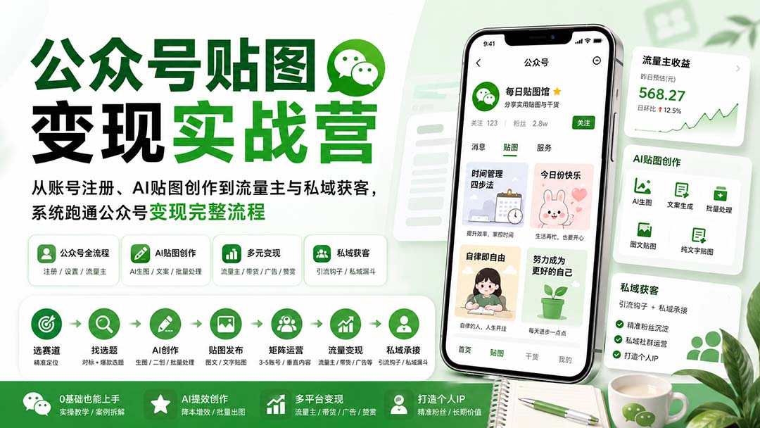 公众号贴图变现实战营：从账号注册、AI贴图创作到流量主与私域获客，系统跑通公众号变现完整流程-桀创项目掘金社