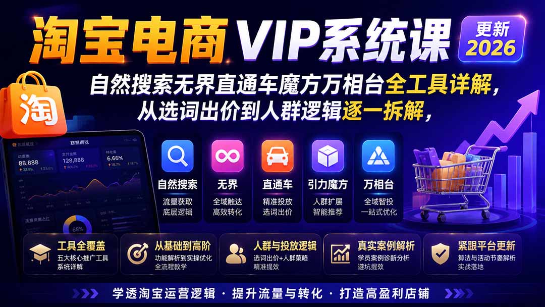 淘宝电商VIP系统课-更新8月；自然搜索无界直通车魔方万相台全工具详解，从选词出价到人群逻辑逐一拆解-桀创项目掘金社