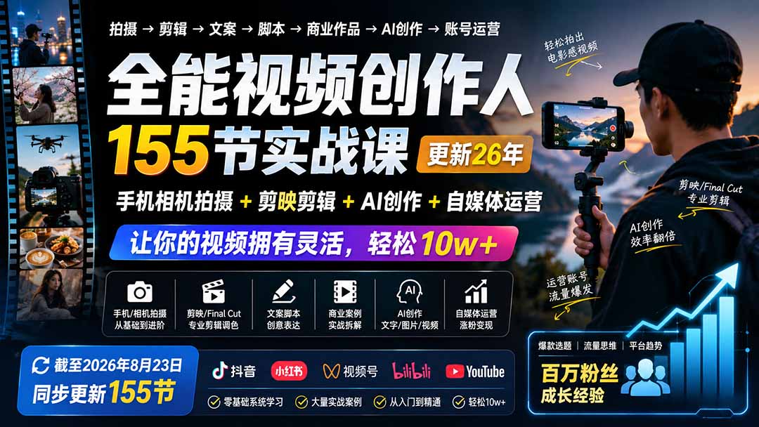 全能视频创作人155节实战课-更新26年8月：手机相机拍摄+剪映剪辑+AI创作+自媒体运营，让你的视频拥有灵活，轻松10w-桀创项目掘金社