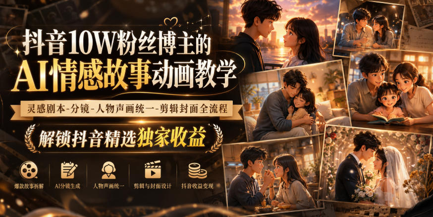 抖音10W粉丝博主的AI情感故事动画教学，灵感剧本‑分镜‑人物声画统一‑剪辑封面全流程，解锁抖音精选独家收益-桀创项目掘金社
