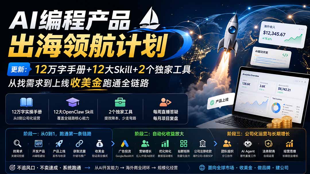 AI编程产品出海领航计划-更新：12万字手册+12大Skill+2个独家工具，从找需求到上线收美金跑通全链路-桀创项目掘金社