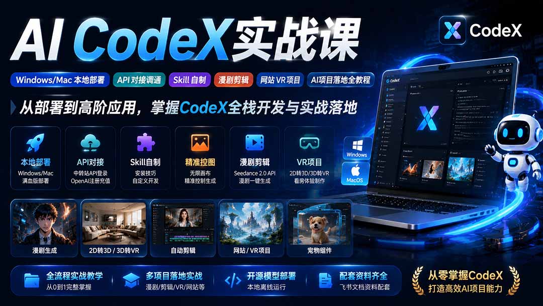 AI  CodeX实战课｜Windows/Mac 本地部署｜API 对接调通｜Skill 自制｜漫剧剪辑｜网站 VR 项目｜AI项目落地全教程-桀创项目掘金社