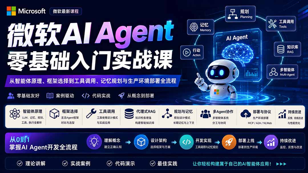 微软AI Agent零基础入门实战课：从智能体原理、框架选择到工具调用、记忆规划与生产环境部署全流程-桀创项目掘金社