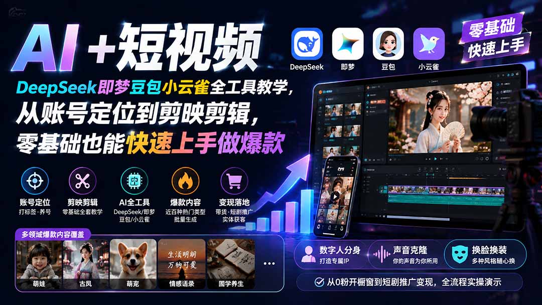 AI+短视频｜DeepSeek即梦豆包小云雀全工具教学，从账号定位到剪映剪辑，零基础也能快速上手做爆款-桀创项目掘金社
