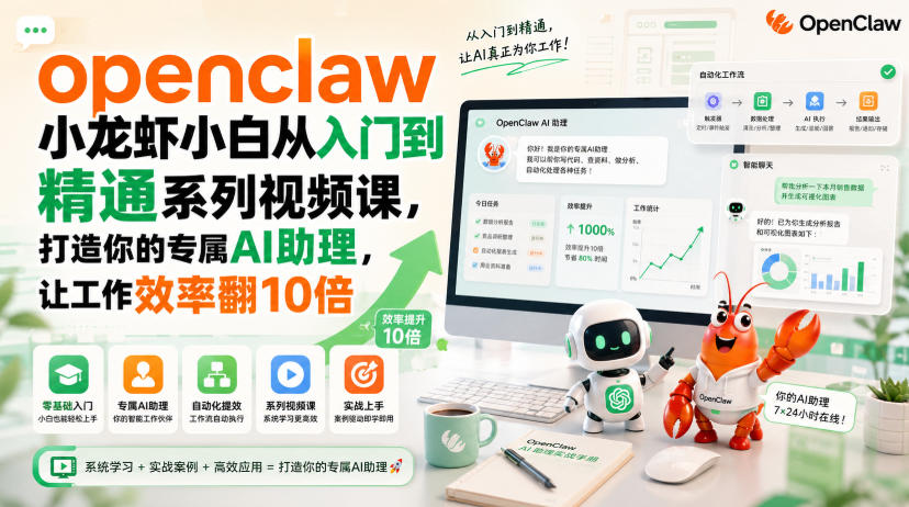 openclaw小龙虾小白从入门到精通系列视频课，打造你的专属AI助理，让工作效率翻10倍-桀创项目掘金社