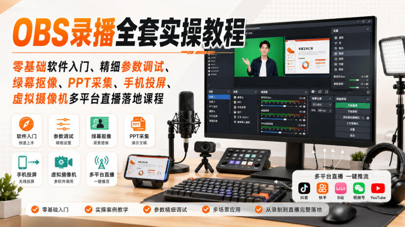 OBS录播全套实操教程｜零基础软件入门、精细参数调试、绿幕抠像、手机投屏、虚拟摄像机多平台直播落地课程-桀创项目掘金社