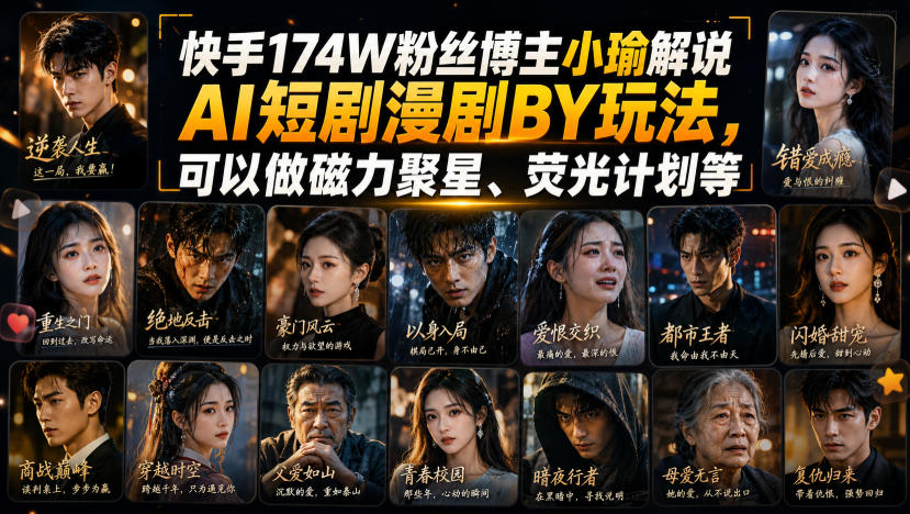 快手174W粉丝博主小瑜解说AI短剧漫剧搬运玩法，可以做磁力聚星、荧光计划等-桀创项目掘金社