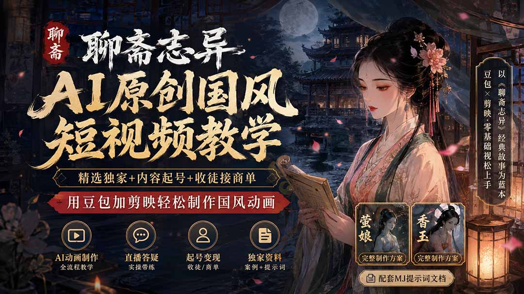 聊斋志异AI原创国风短视频教学；精选独家+内容起号+收徒接商单，用豆包加剪映轻松制作国风动画-桀创项目掘金社