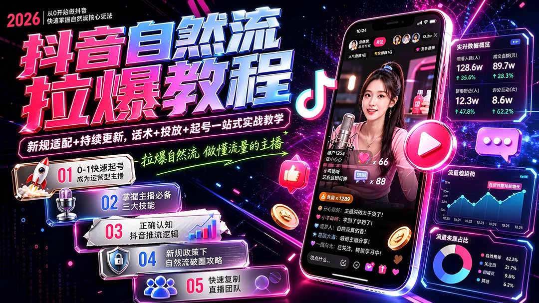 抖音自然流拉爆教程-更新8月：做懂流量的主播，新规适配+持续更新，话术+投放+起号一站式实战教学-桀创项目掘金社