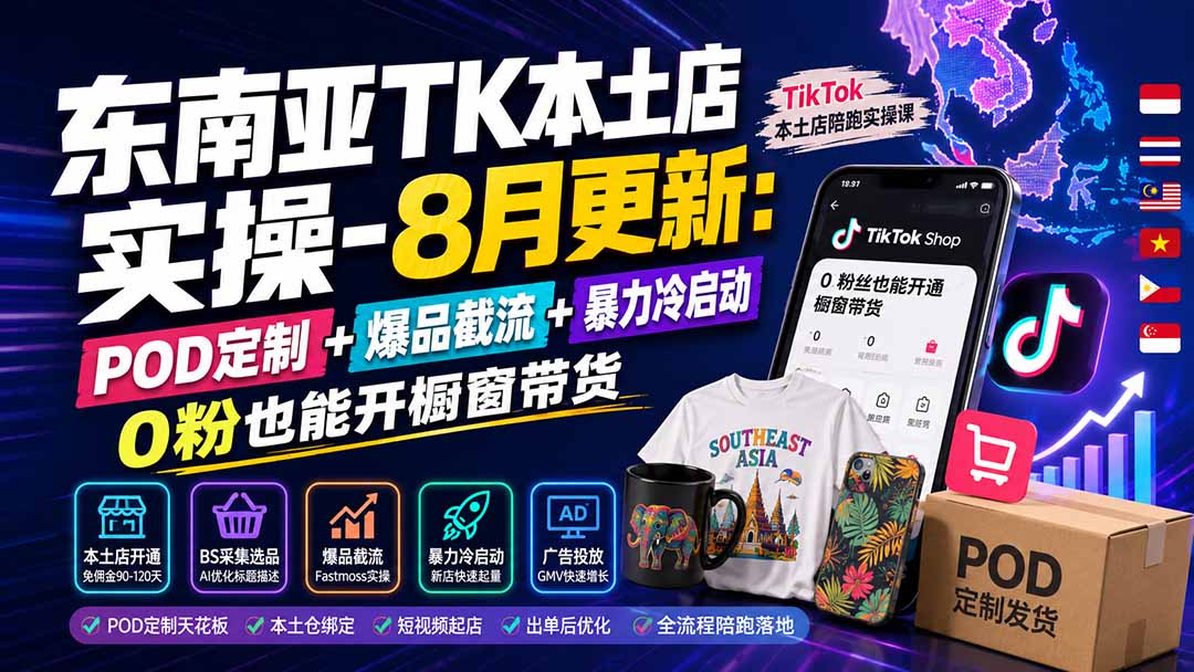 东南亚TK本土店实操-8月更新：POD定制+爆品截流+暴力冷启动，0粉也能开橱窗带货-桀创项目掘金社