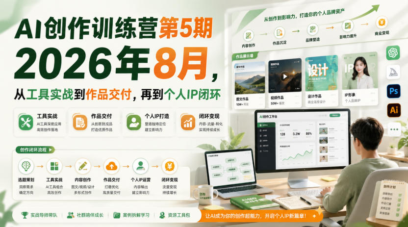 AI创作训练营第5期2026年8月，从工具实战到作品交付，再到个人IP闭环-桀创项目掘金社