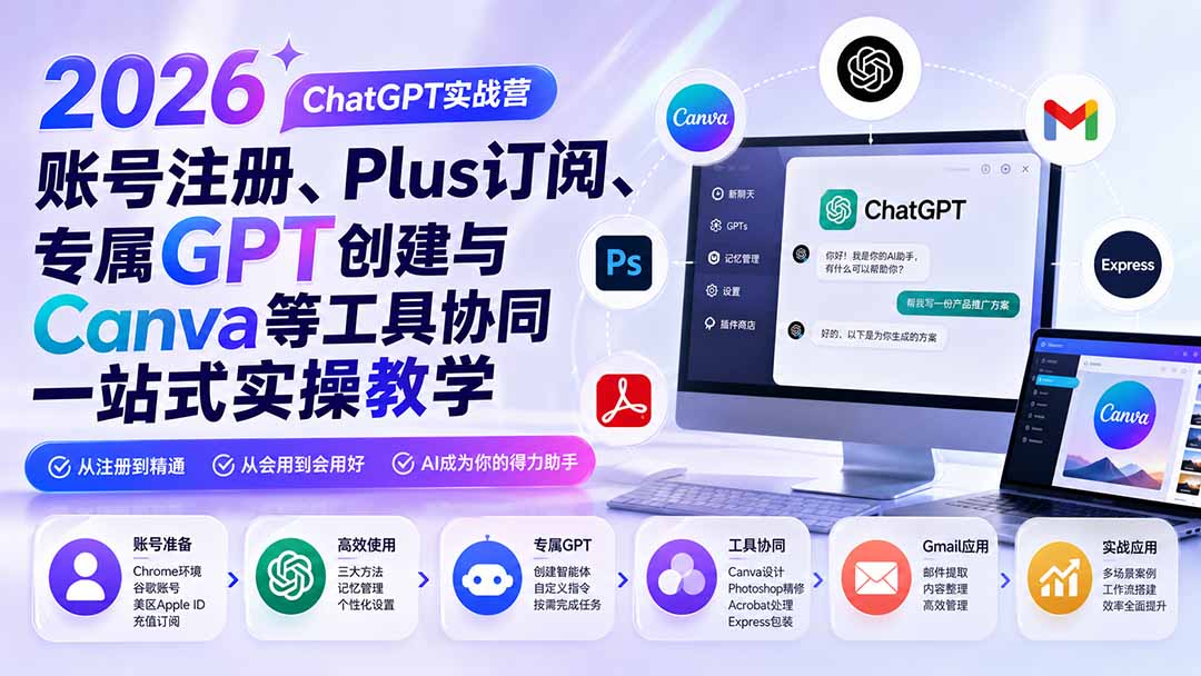 2026 ChatGPT实战营；账号注册、Plus订阅、专属GPT创建与Canva等工具协同一站式实操教学-桀创项目掘金社