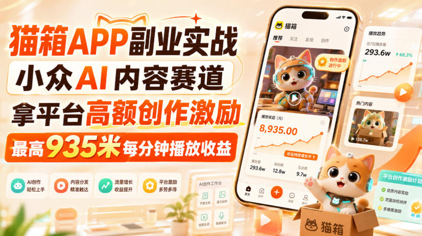 猫箱APP副业实战，小众AI内容赛道，拿平台高额创作激励，最高935米每分钟播放收益-桀创项目掘金社