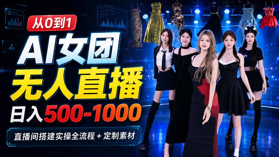 AI 女团无人直播，躺入500-1000每天，直播间搭建实操全流程+定制素材-桀创项目掘金社