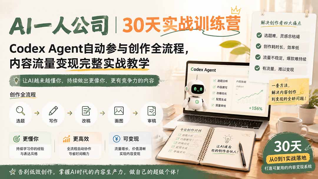 AI一人公司｜30天实战训练营；Codex Agent自动参与创作全流程，内容流量变现完整实战教学-桀创项目掘金社