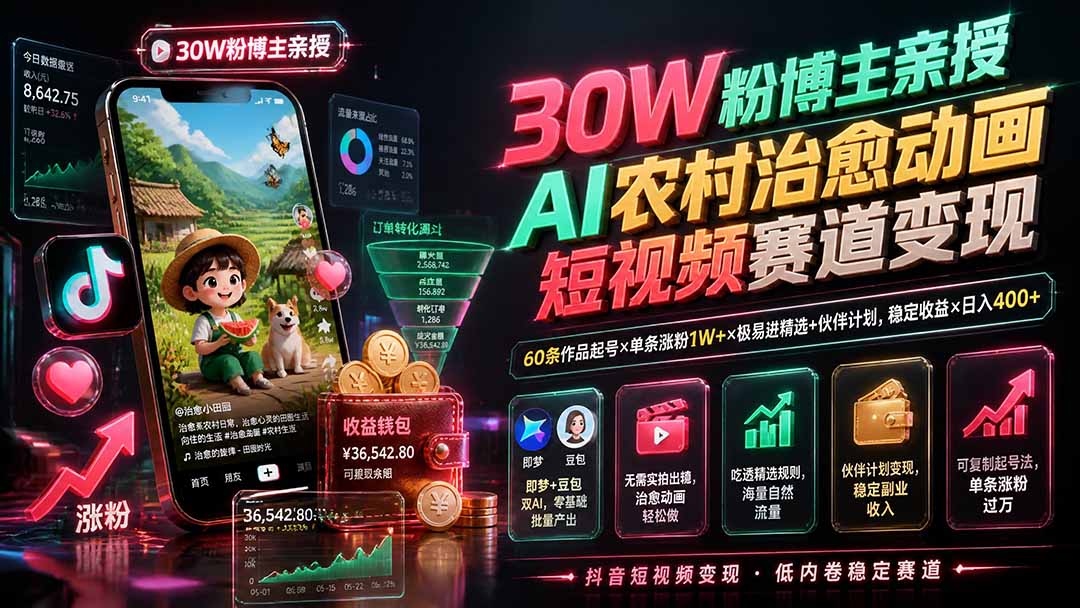 30W粉博主亲授AI农村治愈动画短视频赛道变现：60条作品起号×单条涨粉1W+×极易进精选+伙伴计划，稳定收益×日入400+-桀创项目掘金社