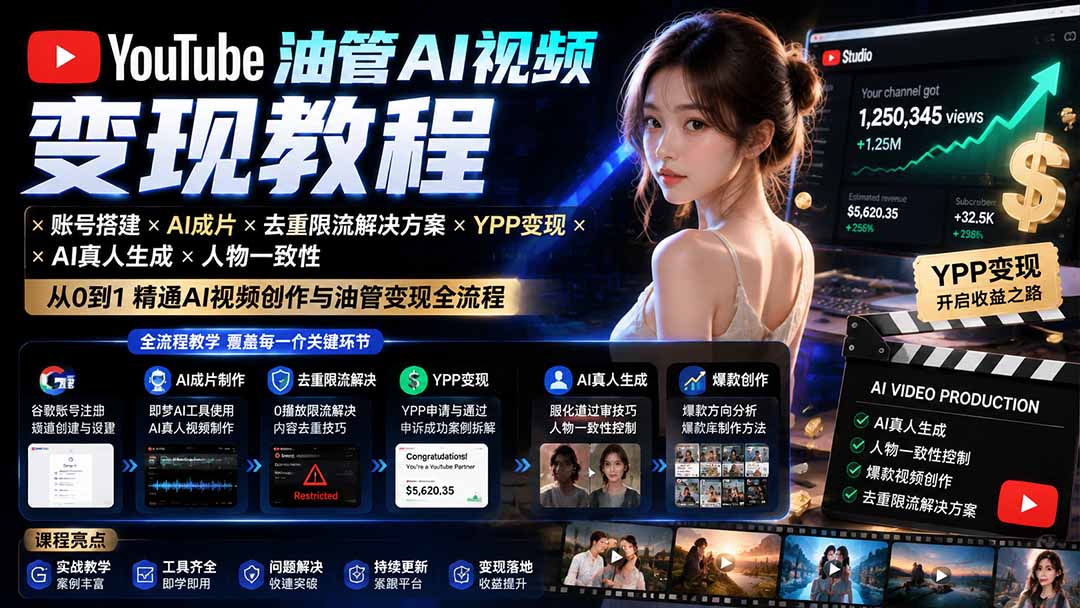 YouTube油管AI视频变现教程：账号搭建×AI成片×去重限流解决方案×YPP变现×AI真人生成×人物一致性-桀创项目掘金社