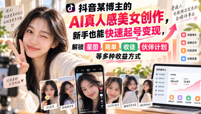 抖音某博主的AI真人感美女创作，新手也能快速起号变现，解锁星图，商单，收徒，伙伴计划等多种收益方式-桀创项目掘金社