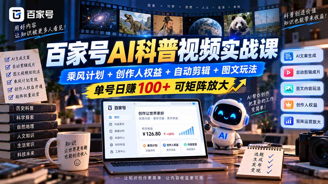 百家号AI科普视频实战课：乘风计划+创作人权益+自动剪辑+图文玩法，单号日赚100+可矩阵放大-桀创项目掘金社