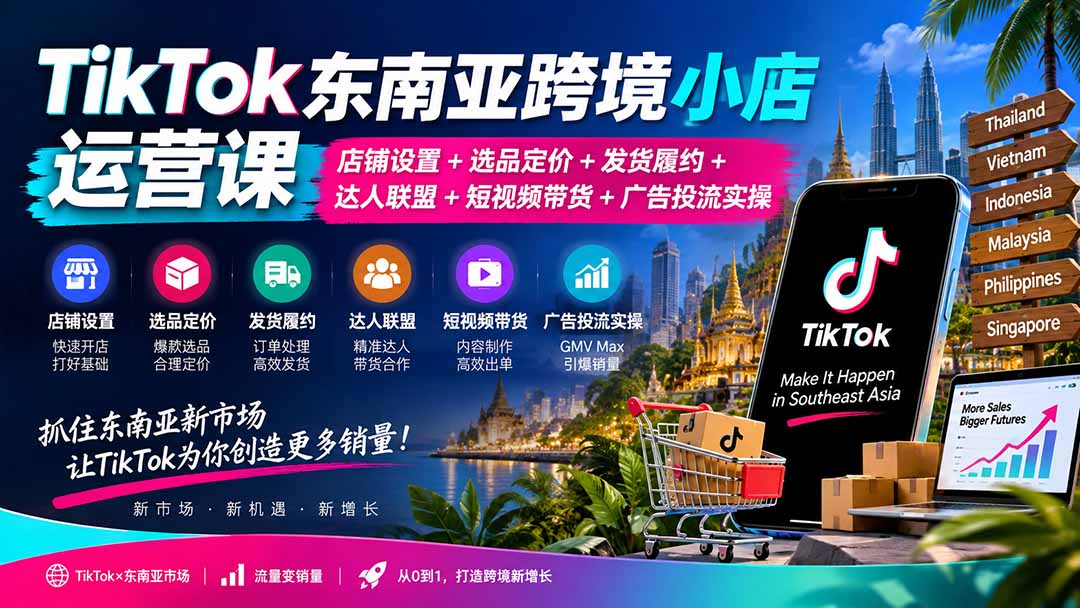 TikTok东南亚跨境小店运营课：店铺设置+选品定价+发货履约+达人联盟+短视频带货+广告投流实操-桀创项目掘金社