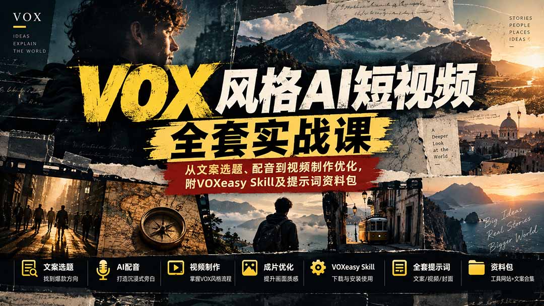 【无水印】VOX风格AI短视频全套实战课：从文案选题、配音到视频制作优化，附VOXeasy Skill及提示词资料包-桀创项目掘金社