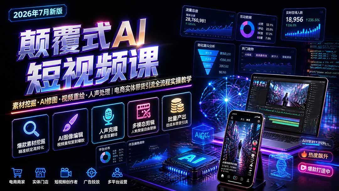 颠覆式AI短视频课-更新｜素材挖掘，AI修图，视频重绘，人声处理｜电商实体带货引流全流程实操教学-桀创项目掘金社