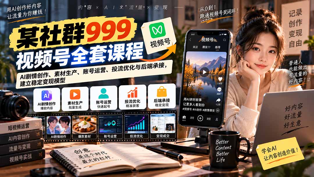 【无水印】某社群999视频号全套课程：AI剧情创作、素材生产、账号运营、投流优化与后端承接，建立稳定变现模型-桀创项目掘金社