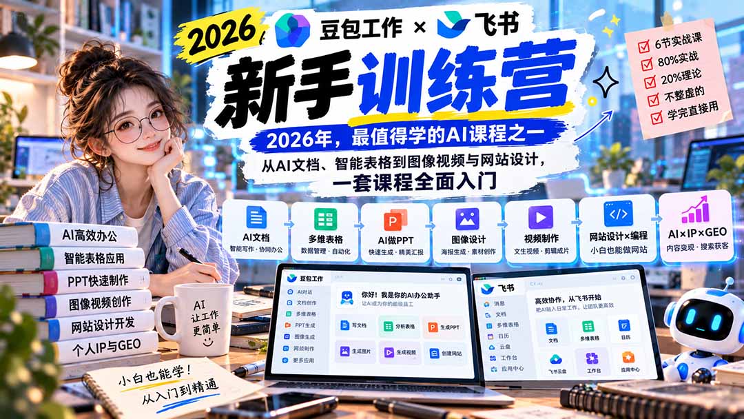 2026豆包工作+飞书新手训练营-9月新课：从AI文档、智能表格到图像视频与网站设计，一套课程全面入门-桀创项目掘金社
