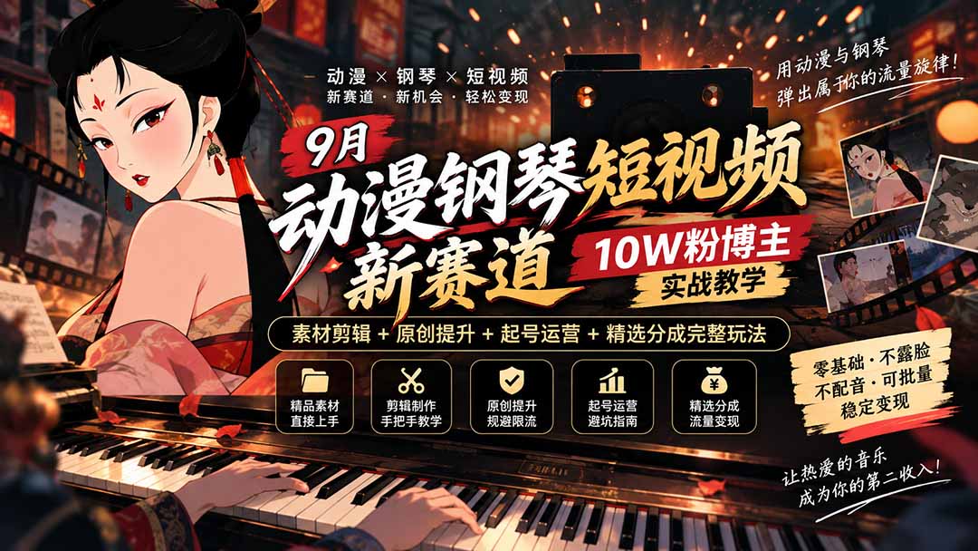 9月动漫钢琴短视频新赛道｜10W粉博主实战教学，素材剪辑+原创提升+起号运营+精选分成完整玩法-桀创项目掘金社