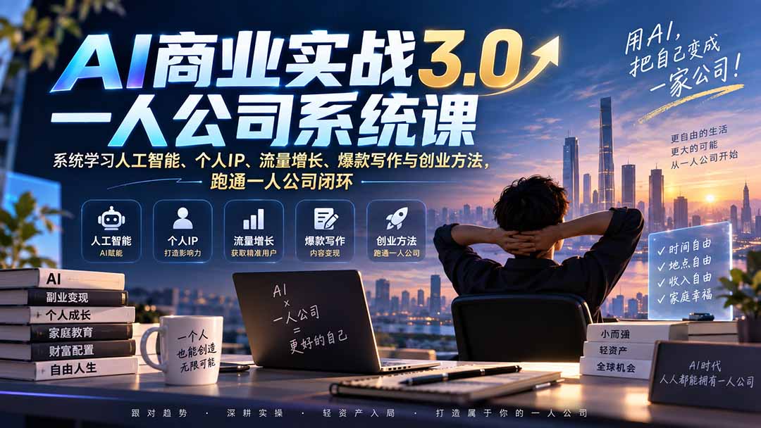 AI商业实战3.0一人公司系统课：系统学习人工智能、个人IP、流量增长、爆款写作与创业方法，跑通一人公司闭环-桀创项目掘金社