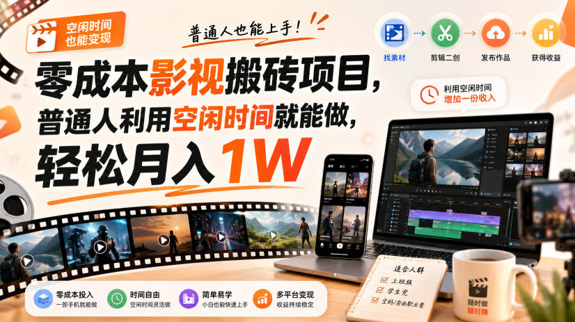 零门槛影视搬砖项目，月入万元，玩法稳定普通人可落地的长期副业！-桀创项目掘金社