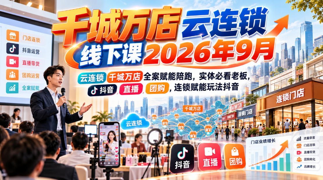 千城万店云连锁线下课2026年9月，云连锁千城万店全案赋能陪跑，实体必看老板，抖音，直播，团购，连锁赋能玩法抖音-桀创项目掘金社