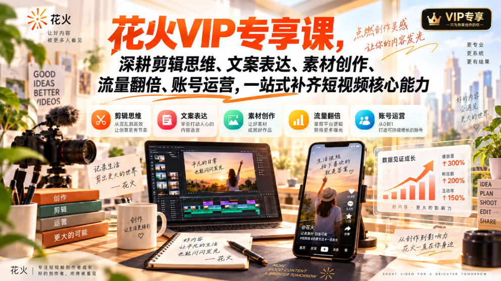 花火VIP专享课，深耕剪辑思维、文案表达、素材创作、流量翻倍、账号运营，一站式补齐短视频核心能力-桀创项目掘金社