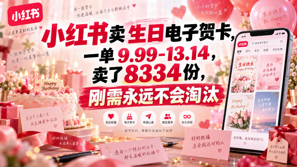 小红书卖生日电子贺卡，一单9.99-13.14，卖了8334份，刚需永远不会淘汰-桀创项目掘金社