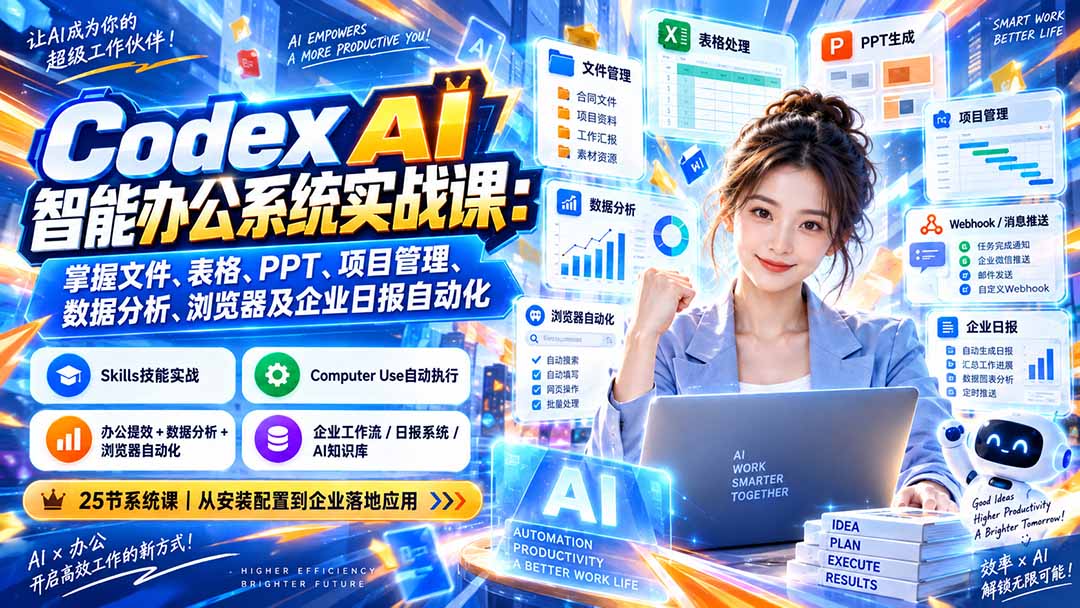 Codex AI智能办公系统实战课：掌握文件、表格、PPT、项目管理、数据分析、浏览器及企业日报自动化-桀创项目掘金社