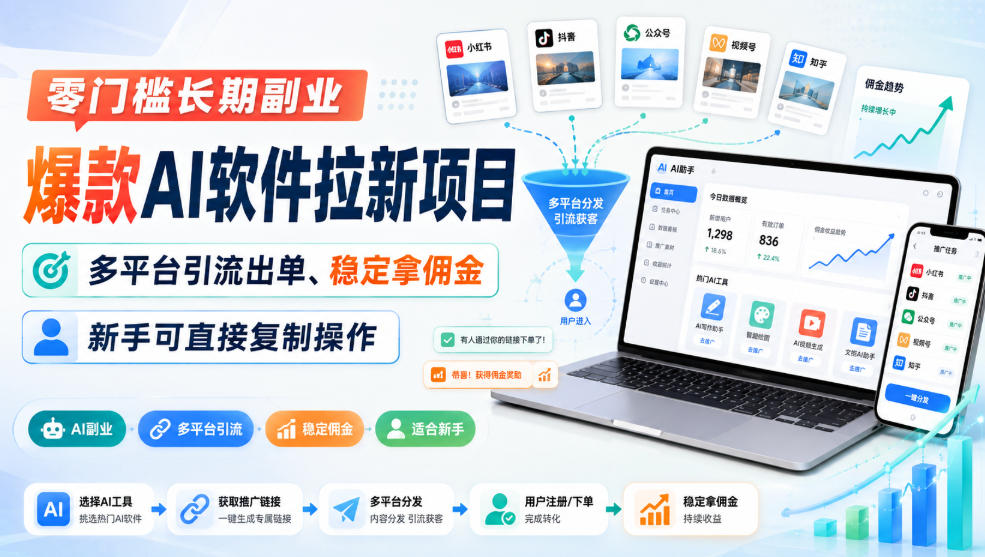 零门槛长期副业，爆款AI软件拉新项目，多平台引流出单、稳定拿佣金，新手可直接复制操作-桀创项目掘金社